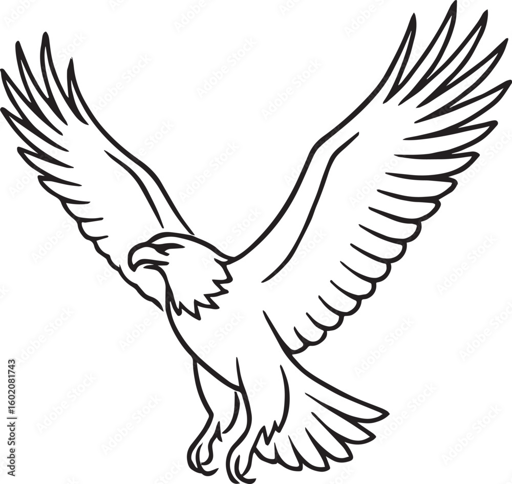 Obraz premium Majestic Eagle Soaring High: A bold outline illustration of a majestic eagle with wings spread wide, soaring gracefully through the air, symbolizing freedom and strength. 