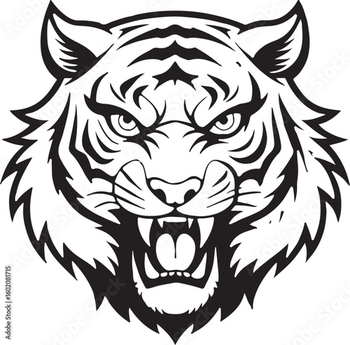Roaring Tiger Head Black and White Vector Illustration – Wild Animal Tattoo Design