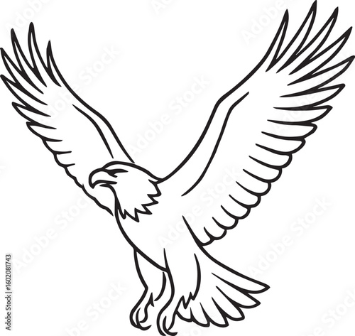 Majestic Eagle Soaring High: A bold outline illustration of a majestic eagle with wings spread wide, soaring gracefully through the air, symbolizing freedom and strength. 
