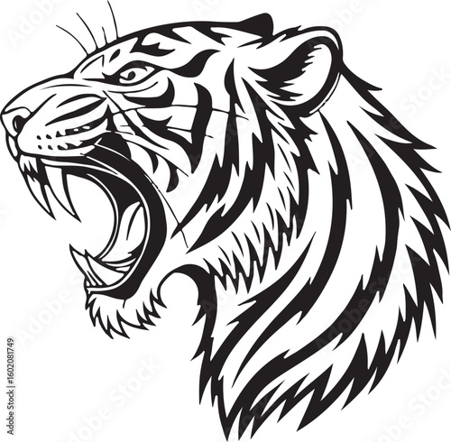 Roaring Tiger Head Black and White Vector Illustration – Wild Animal Tattoo Design