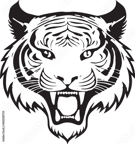 Roaring Tiger Head Black and White Vector Illustration – Wild Animal Tattoo Design