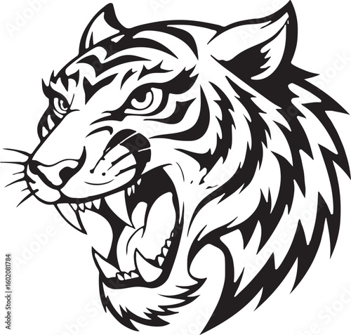Roaring Tiger Head Black and White Vector Illustration – Wild Animal Tattoo Design