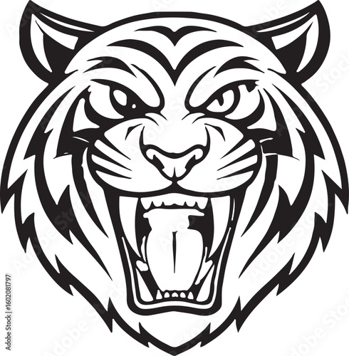 Roaring Tiger Head Black and White Vector Illustration – Wild Animal Tattoo Design