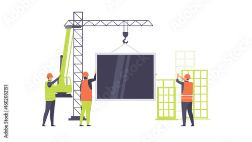 Construction workers installing a large window with a crane on a building construction site scene vector