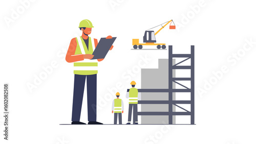 Construction site with foreman reviewing plans and workers near scaffolding and crane