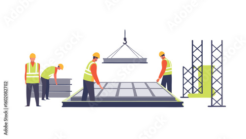 Construction workers installing precast concrete slabs with crane and scaffolding on construction site