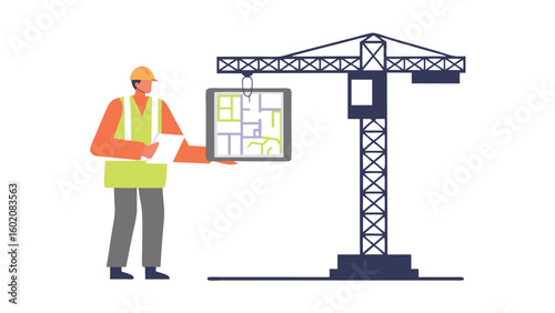 Construction worker holding blueprint next to a crane at a construction site project planning