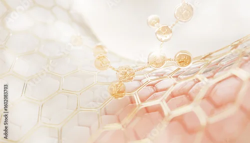 Obraz 3d epidermis skin layer with hexagon cell pattern and molecule. Gold liquid honeycomb texture with cosmetic oil drop, collagen serum, retinol vitamin, hyaluron essence for moisture. 3D illustration