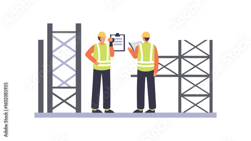 Two construction workers in hard hats and safety vests discussing plans at a construction site