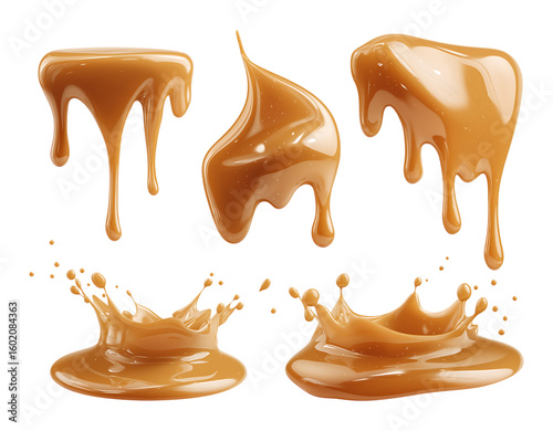Caramel sauce dribbles and syrup splashes on transparent background. Liquid brown toffee flow trails, gooey candy stream blobs. Smooth flowing golden maple glaze drops, sweet honey topping elements