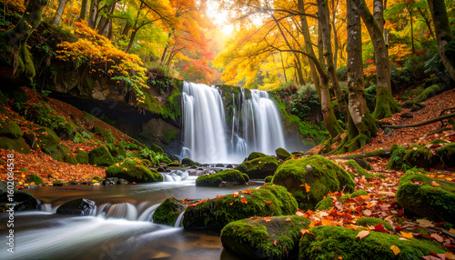 Autumn Waterfall Forest Scene.