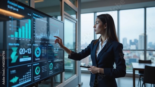 A professional woman analyzes business data on a digital screen in an office setting.