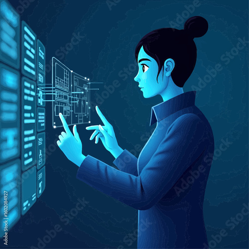 A futuristic AI prompt engineer operates a floating holographic interface in a high-tech control room.