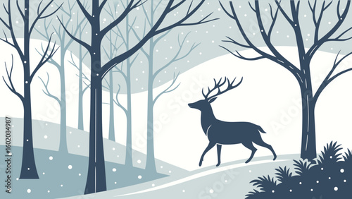 Winter Deer in Snowy Forest Landscape with Frosty Trees and Calm Atmosphere