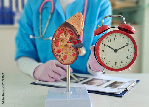 Kidney model beside clock highlights importance of timely medical consultations in kidney health