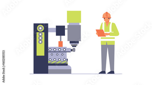 Illustration of a factory worker standing next to a large milling machine in a manufacturing setting