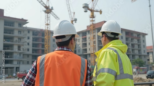 Two construction workers observing a building site with cranes and ongoing work.