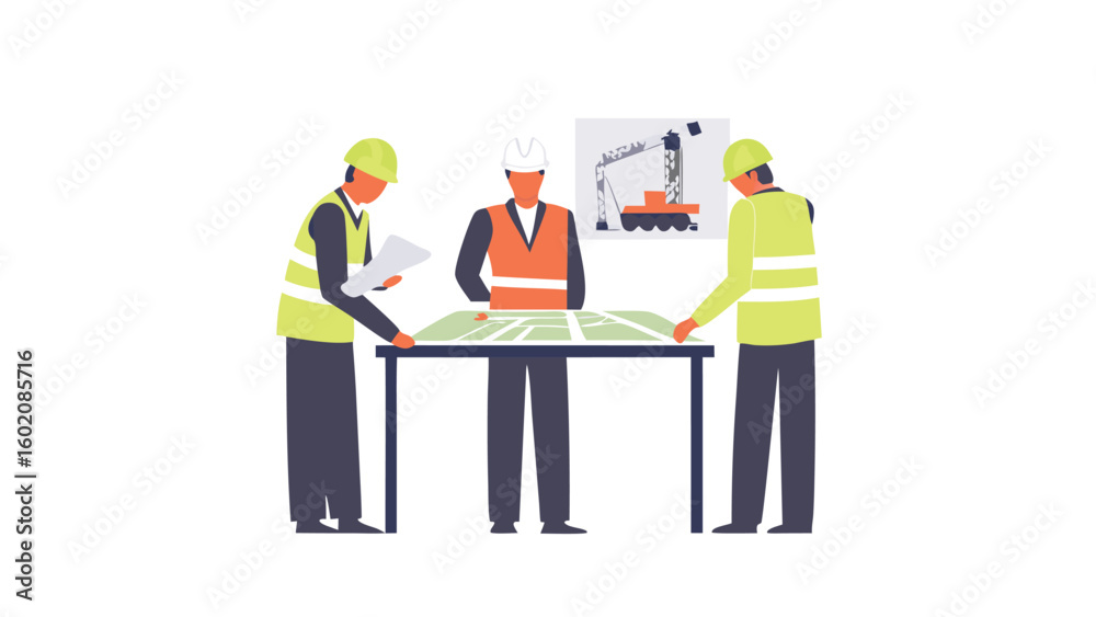 Obraz premium Three construction workers reviewing a blueprint with a crane illustration in the background