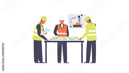 Three construction workers reviewing a blueprint with a crane illustration in the background