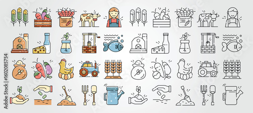 set of Agriculture displays various icons representing farming and products related to agricultural industry effectively.