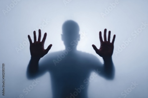 Shadowy silhouette pressing against misty glass, evoking mystery, intangible barriers, All Hallows' Eve, and Dia de los Muertos
