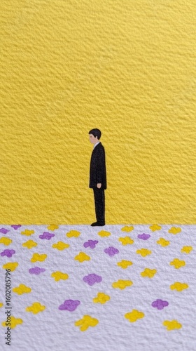 A solitary, enigmatic figure stands on a whimsical, fish-patterned path against a vibrant yellow backdrop, evoking Obon Festival introspection