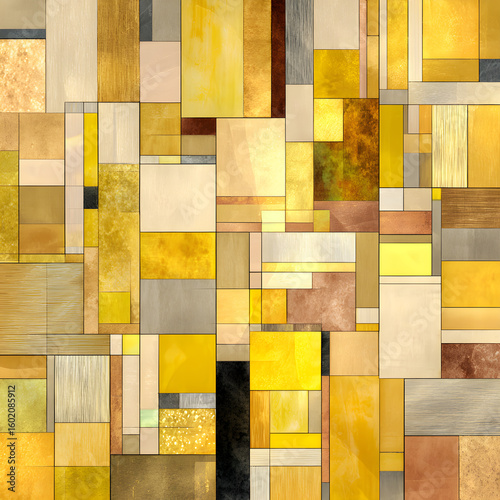 Intricate Yellow Mosaic with Varied Geometric Shapes and Textures
