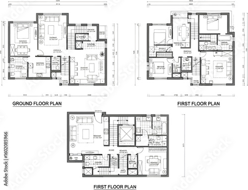 Architectural floor plans for residential buildings showing layouts