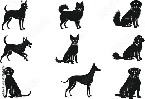 Collection of nine black dog silhouettes in various poses and breeds