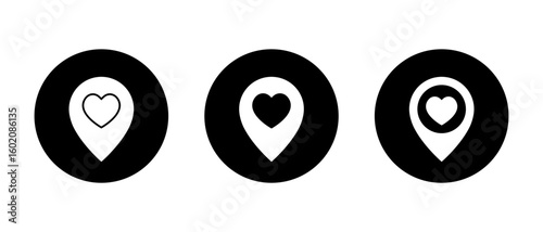 Love marker icon set in black circle. Location pin with heart symbol. Favorite or romantic place concept
