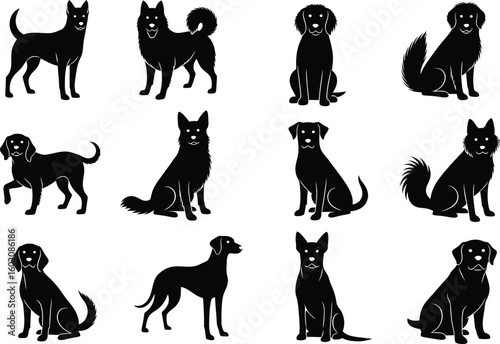 Collection of black dog silhouettes in various poses