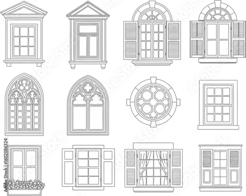 Collection of decorative architectural window designs in black and white