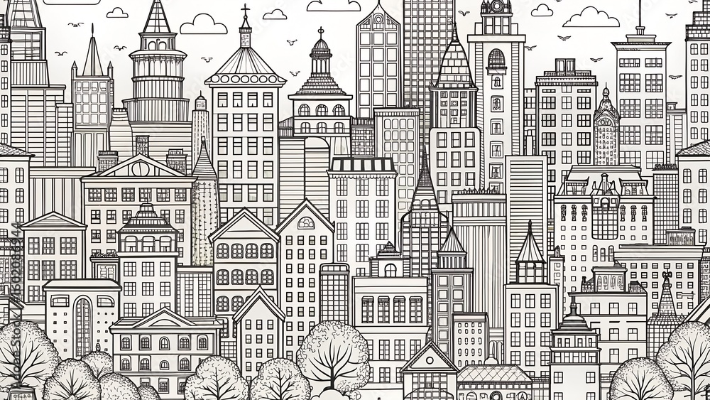Obraz premium Detailed Cityscape Illustration with Buildings Trees Clouds and Birds in Black and White new 2025 trendy seamless digital interior design pattern