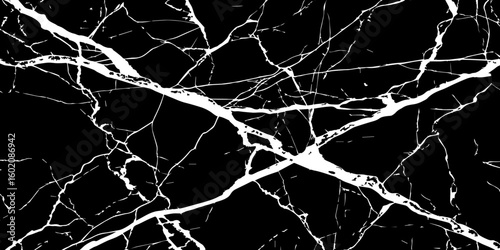 "A striking, high-contrast black and white abstract pattern resembling fractured glass or lightning bolts across a dark sky, emphasizing sharp lines and dynamic tension."