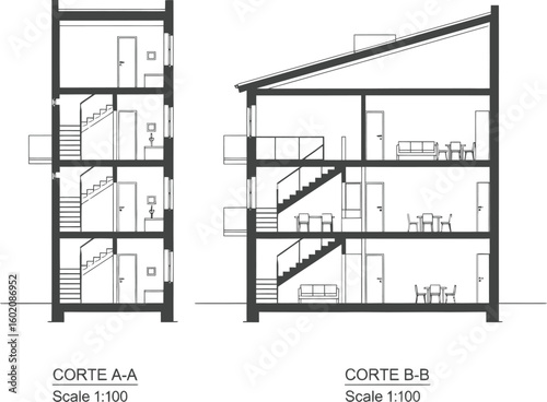 Architectural cross section drawings of a multi story building with stairs