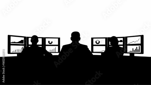Silhouette of three people sitting at desks in front of multiple computer screens displaying data charts