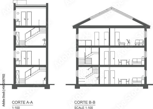 Architectural cross section drawings of a multi story building with stairs