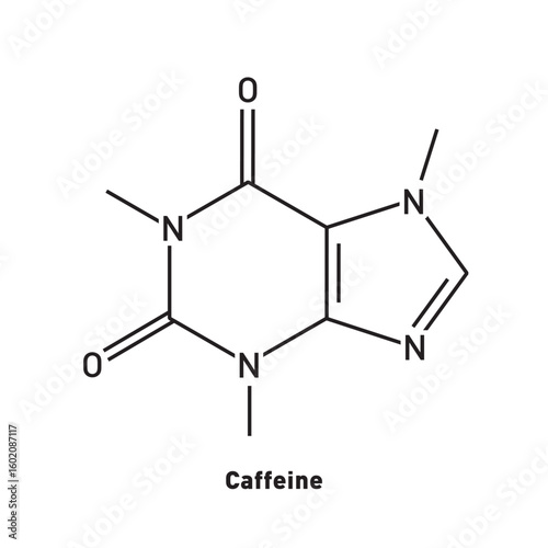 Structural formula of caffeine. Chemicals. Concentration. Arousal. Addiction. Dependence.