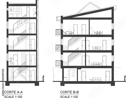Architectural cross sections of a modern multi story building