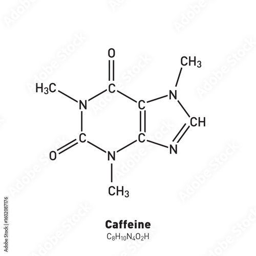 Structural formula of caffeine. Chemicals. Concentration. Arousal. Addiction. Dependence.