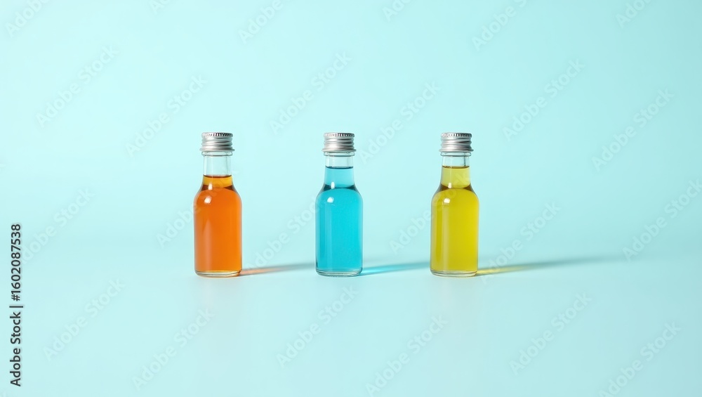 Obraz premium Three small bottles of colored liquid against a light teal background