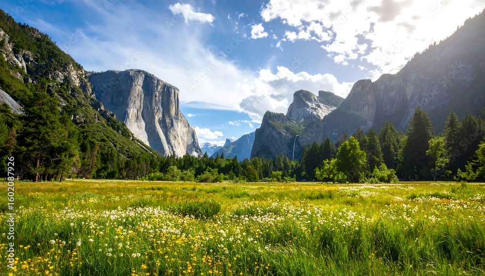 Obraz premium Scenic valley landscape with wildflowers and mountains