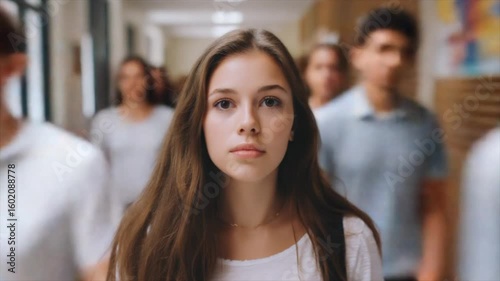 A young woman with long brown hair is walking down the hallway, surrounded by people who appear to be moving around her