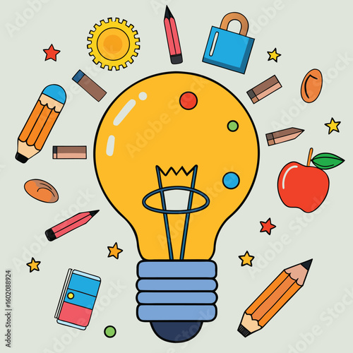 Glowing Lightbulb Composed of School and Education Icons Illustration