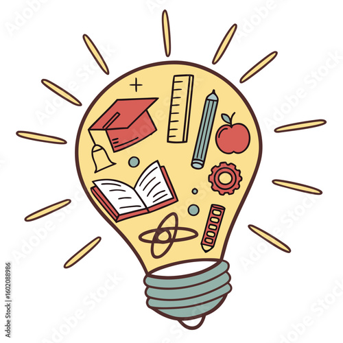Glowing Lightbulb Composed of School Icons Education and Innovation Concept