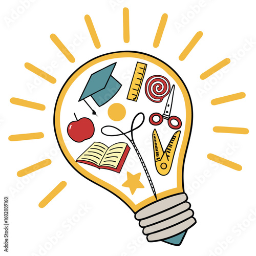 Glowing Lightbulb Composed of School Icons Education and Innovation Concept