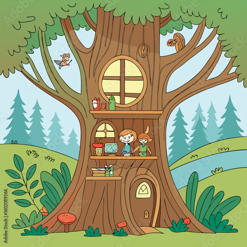 School Inside a Giant Tree Nature Themed Educational Illustration