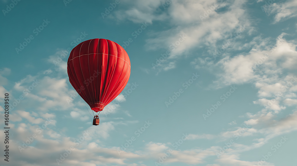 Naklejka premium Red hot air balloon flying in cloudy sky