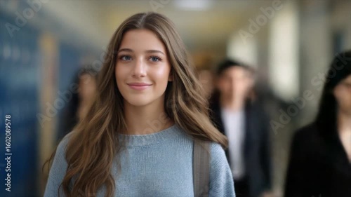 Wallpaper Mural A young woman with long brown hair is walking down the hallway, surrounded by people who appear to be moving around her Torontodigital.ca