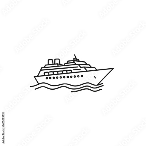 Simple line drawing of a cruise ship sailing on the ocean waves.